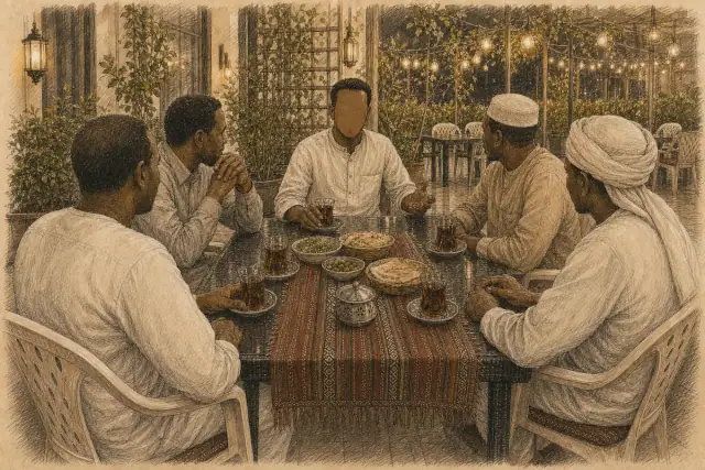 مجموعة من الزبائن السودانيين يجلسون معًا داخل المطعم.