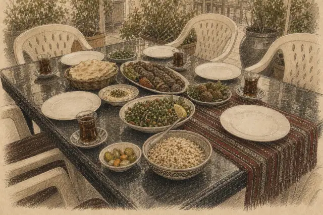 مجموعة أطباق سودانية وعربية جاهزة للتقديم.