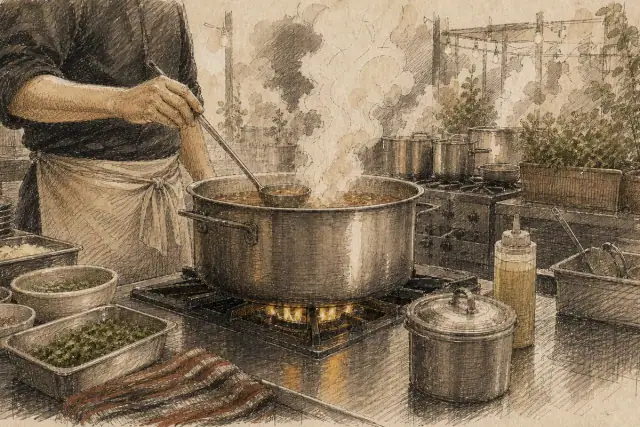 طباخ يعمل داخل مطبخ مطعم الفنانين.