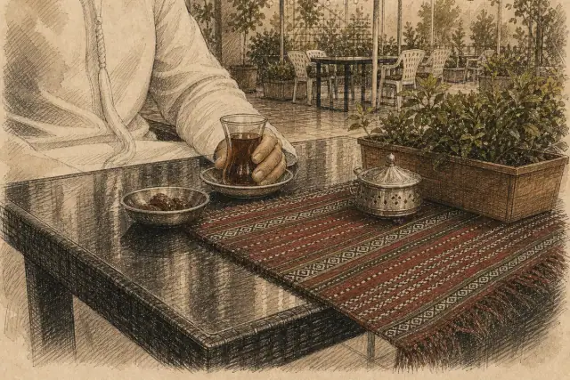 زبون إماراتي دائم في جلسته المعتادة داخل المطعم.