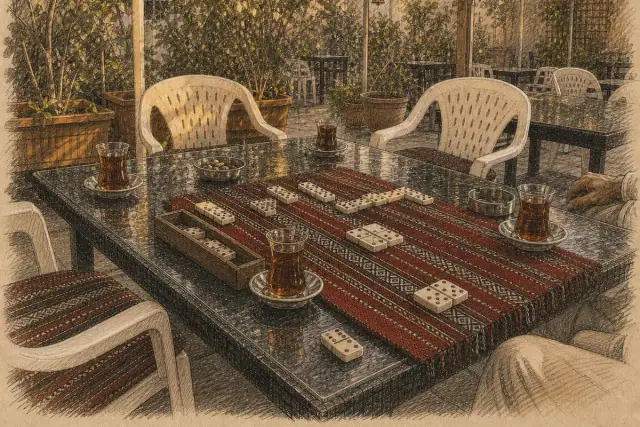 طاولة زبائن من خلفيات مختلفة داخل مطعم الفنانين.