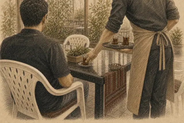 عامل خدمة يرحب بزبون دائم داخل المطعم.