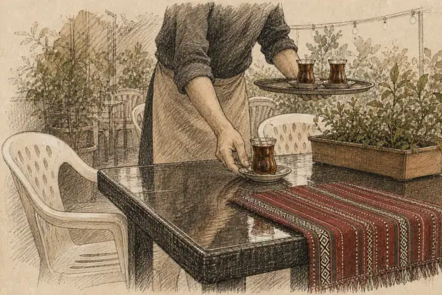 أحد العاملين أثناء خدمة الزبائن داخل المطعم.